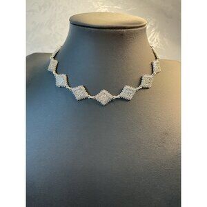 Vintage Style Silver Tone Choker Necklace With Square Rhinestone Accents & Adjus
